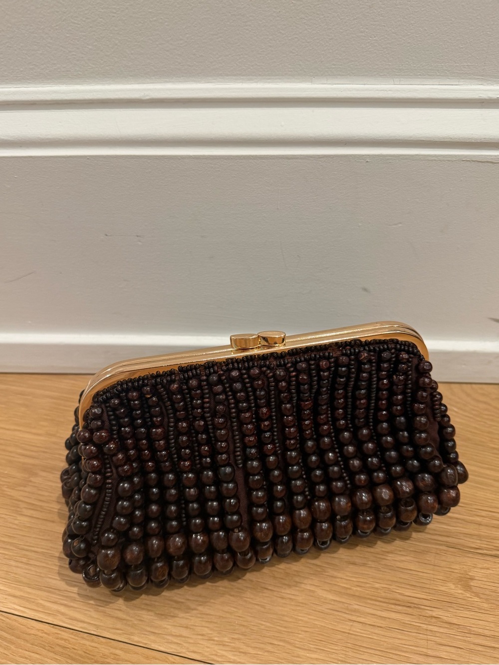 Beaded Evening Clutch in Dark Brown with Gold Frame